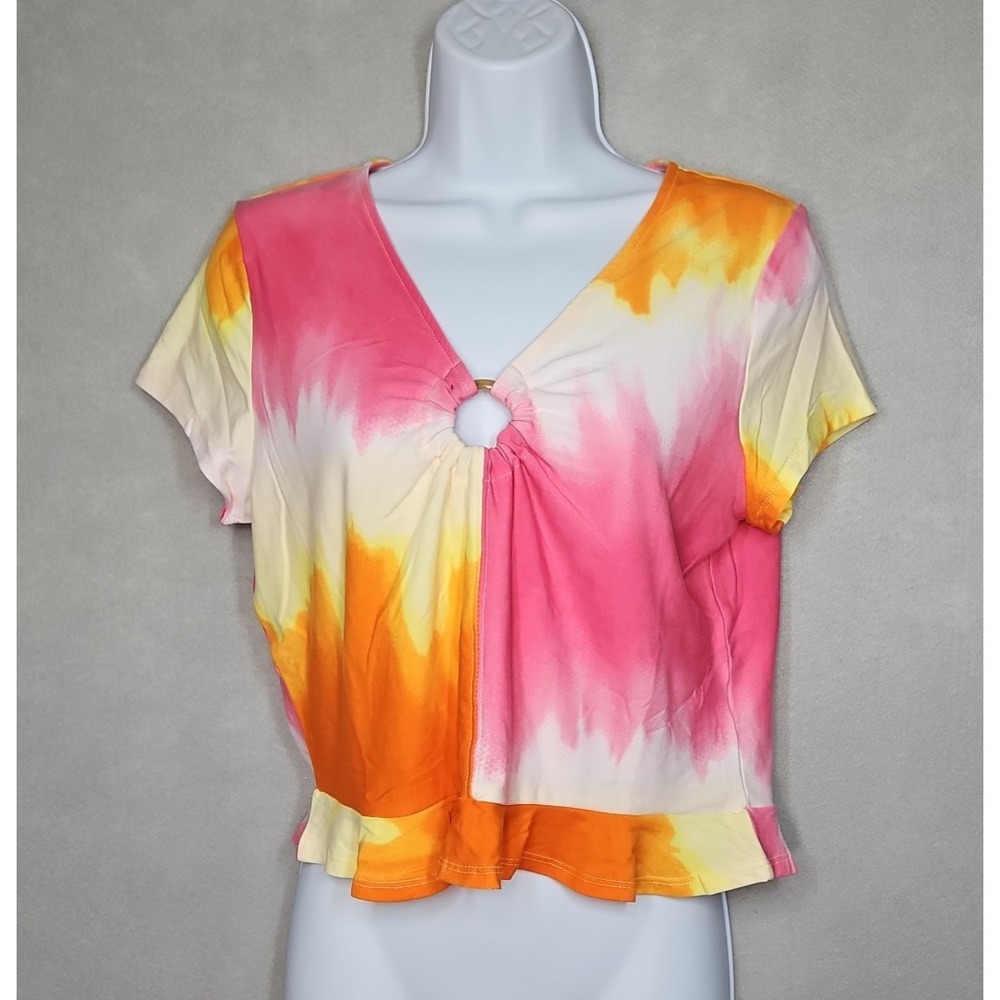 Love By Design Juniors Tie Dye Short Sleeve Keyhole Top Size Large NWT